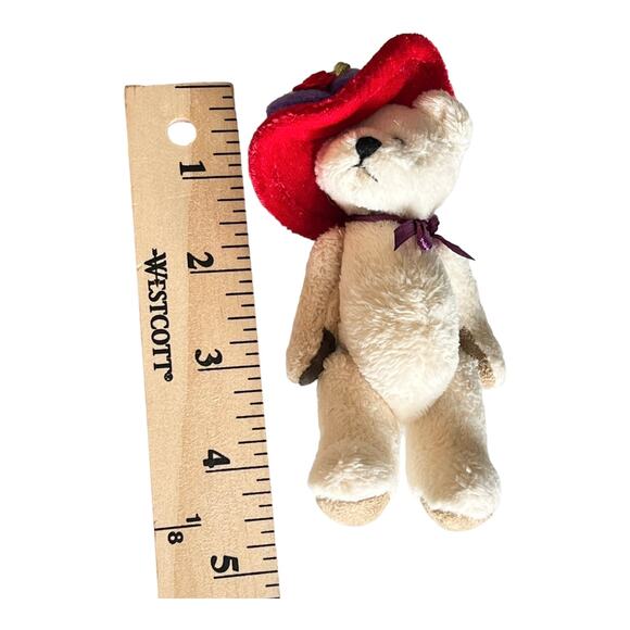VTG Ganz MINIATURE BEAR 4" Red Hat Lil Victorian Soft Fur Purple Bow Jointed Toy - Picture 4 of 5